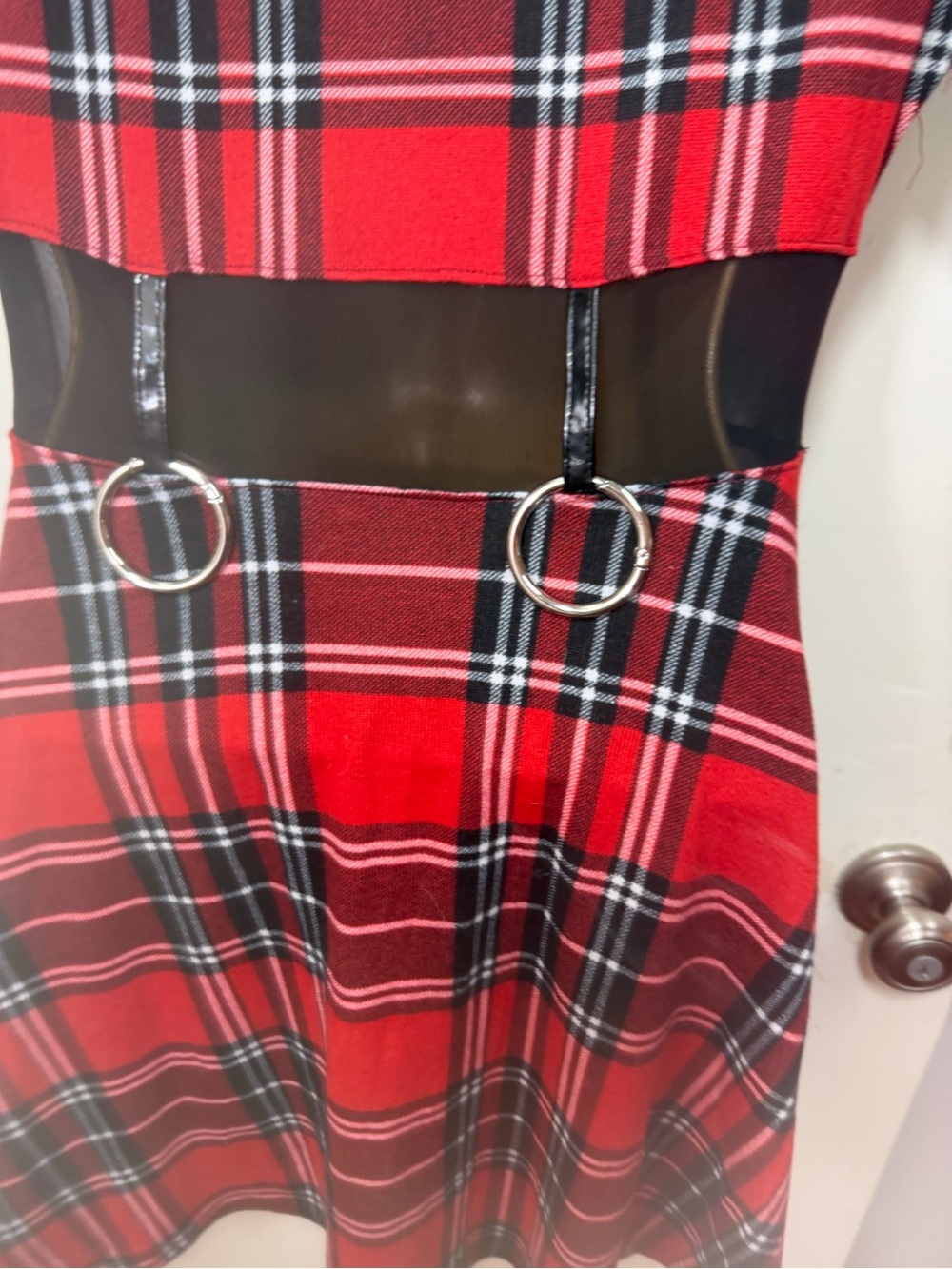 Devil Fashion X Dolls Kill Red Plaid Mesh Goth Punk Harness Dress S *NO CHAIN* - Picture 10 of 16